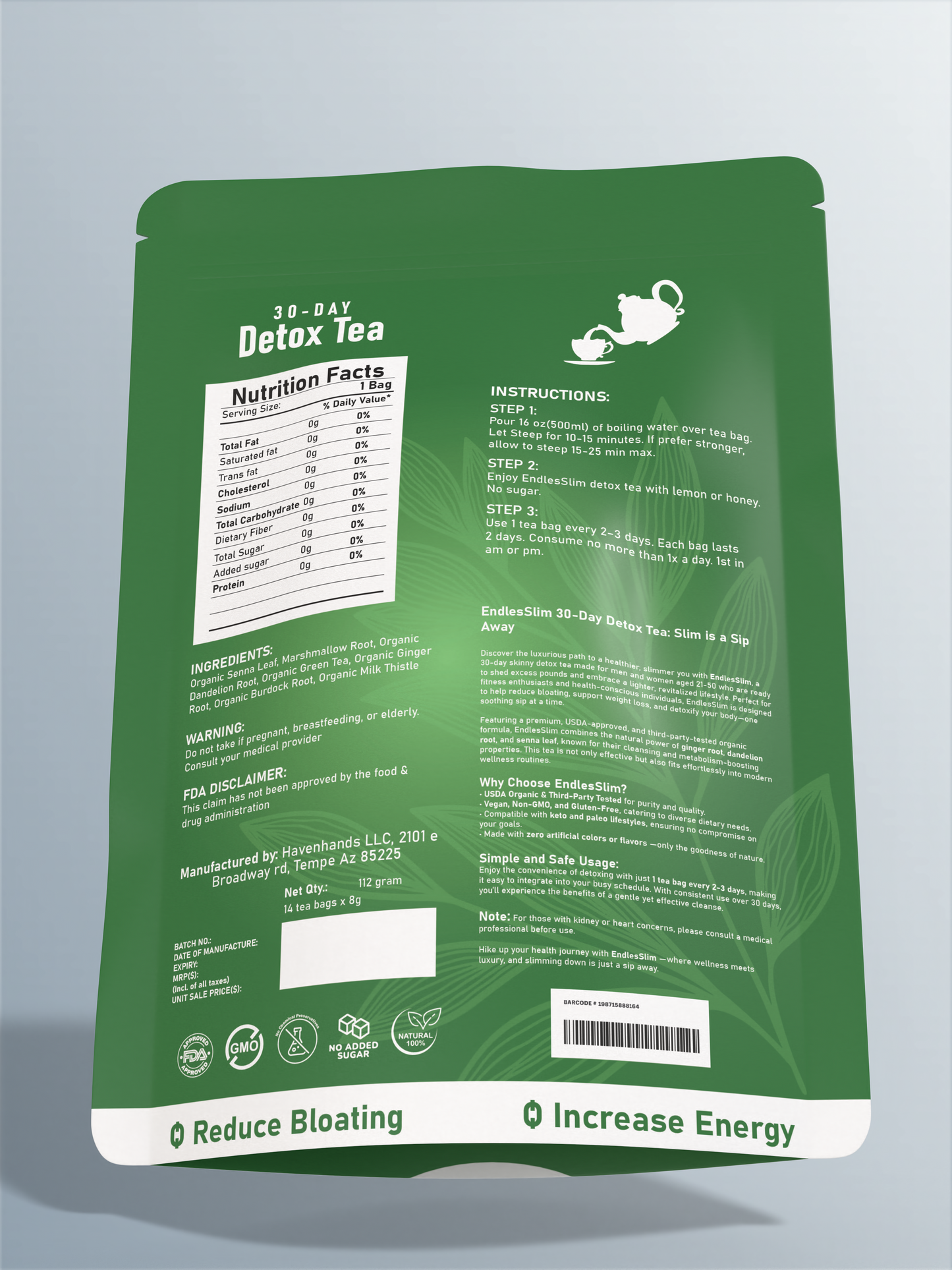 Skinny 30 Day Detox Tea Kit-1 Daytime (14 Bags)  Non GMO, Vegan, All Natural Teas, Made with Green Tea and Herbal Teas for Natural Detox and Cleanse, Reduce Bloating, Eases Constipation